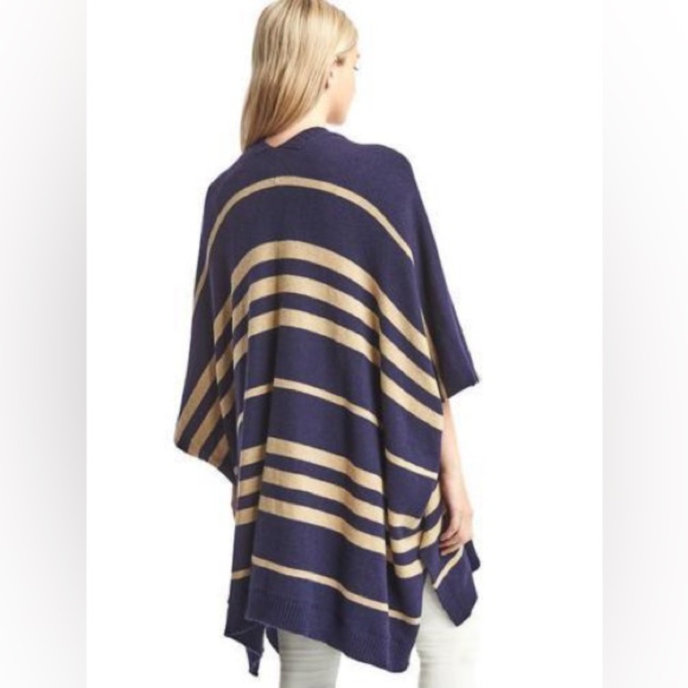 NWT Gap Open Front Stripe Poncho One Size in Blue and‎ Brown/Cream - Picture 2 of 7